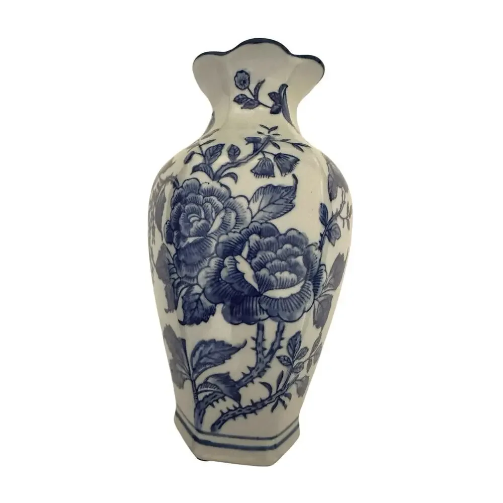 2 New Chinese Blue & White Rosé Transfer Wear Chinoiserie Pocket Wall Vase 10” T